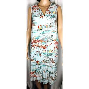 BeachLunchLounge Beach Scene High Low Dress Ruffle Hem Tie Neck Small